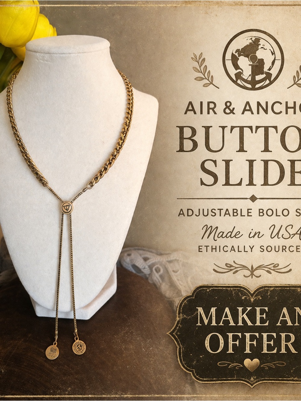 Air & Anchor Adjustable Button Slide Bolo Necklace